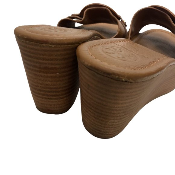 Tory Burch Patti Wedge Sandals Slides Platform Camel Brown Leather Womens 9M 9 - Picture 3 of 12